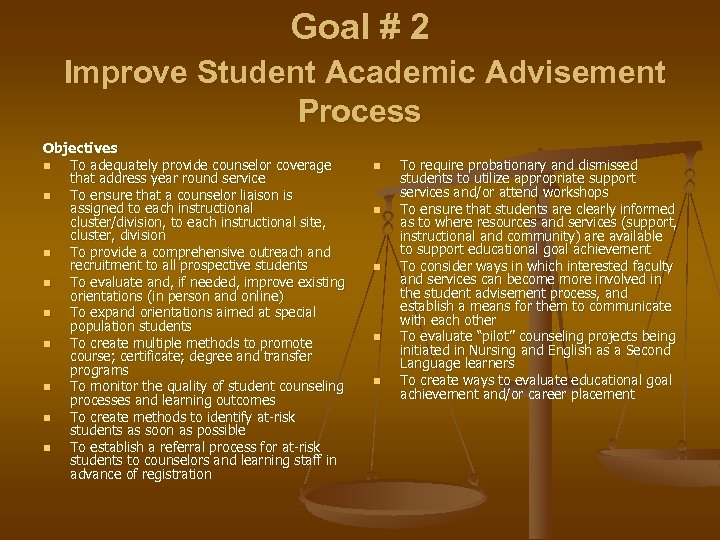Goal # 2 Improve Student Academic Advisement Process Objectives n To adequately provide counselor