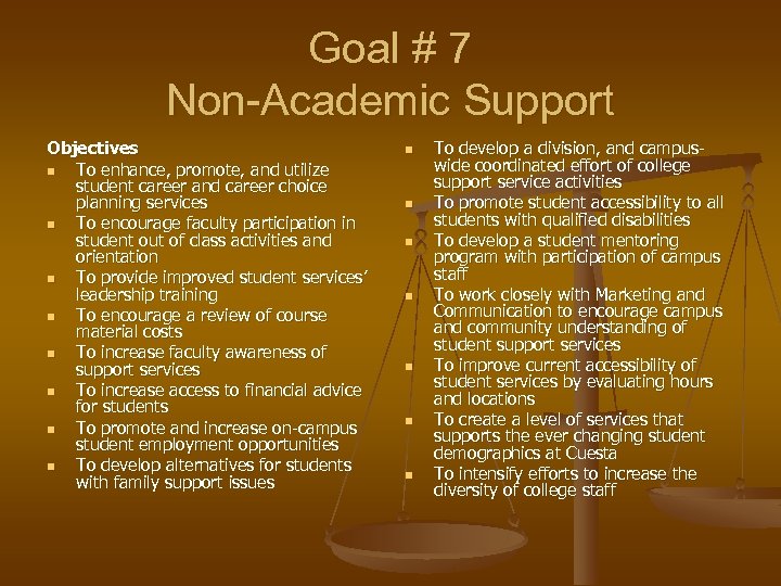 Goal # 7 Non-Academic Support Objectives n To enhance, promote, and utilize student career