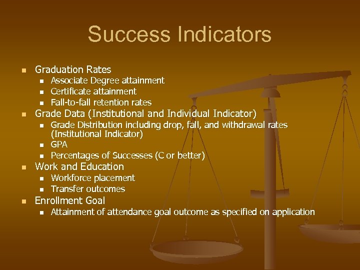 Success Indicators n Graduation Rates n n Grade Data (Institutional and Individual Indicator) n
