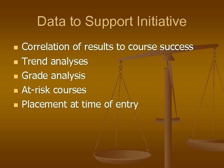 Data to Support Initiative n n n Correlation of results to course success Trend