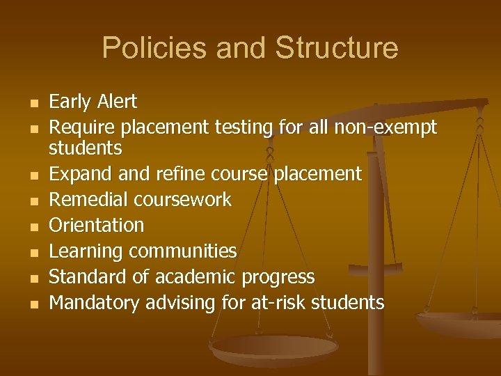 Policies and Structure n n n n Early Alert Require placement testing for all