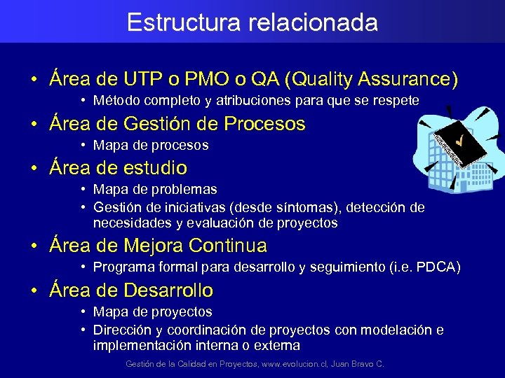 Estructura relacionada • Área de UTP o PMO o QA (Quality Assurance) • Método