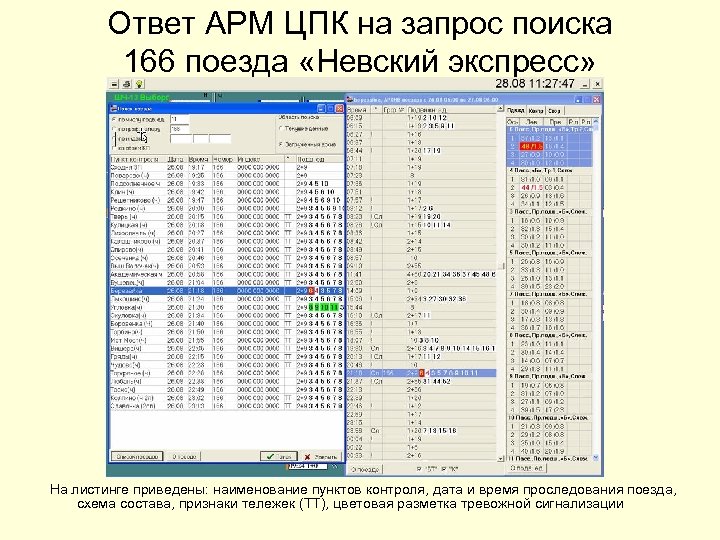 Ответ АРМ ЦПК на запрос поиска 166 поезда «Невский экспресс» На листинге приведены: наименование