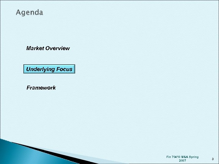 Market Overview Underlying Focus Framework Fin 70410 M&A Spring 2007 3 