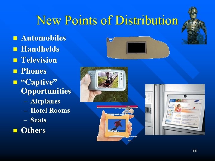 New Points of Distribution n n Automobiles Handhelds Television Phones “Captive” Opportunities – Airplanes