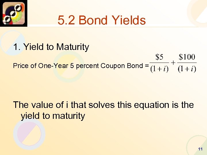 5. 2 Bond Yields 1. Yield to Maturity Price of One-Year 5 percent Coupon