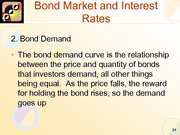 Bond Market and Interest Rates 2. Bond Demand • The bond demand curve is