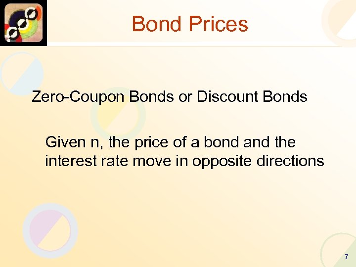Bond Prices Zero-Coupon Bonds or Discount Bonds Given n, the price of a bond