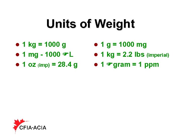 Units of Weight 1 kg = 1000 g l 1 mg - 1000 FL