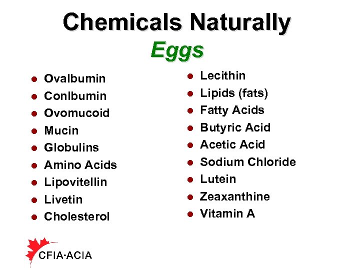 Chemicals Naturally Eggs l l l l l Ovalbumin Conlbumin Ovomucoid Mucin Globulins Amino