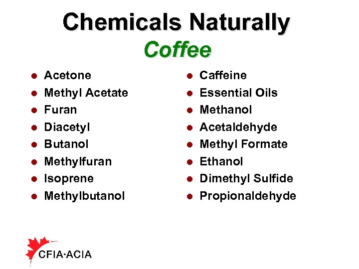 Chemicals Naturally Coffee l l l l Acetone Methyl Acetate Furan Diacetyl Butanol Methylfuran