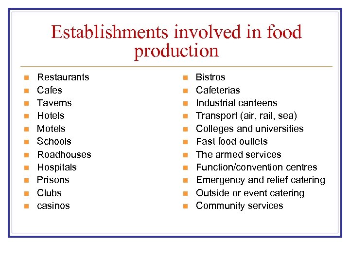 Establishments involved in food production n n Restaurants Cafes Taverns Hotels Motels Schools Roadhouses