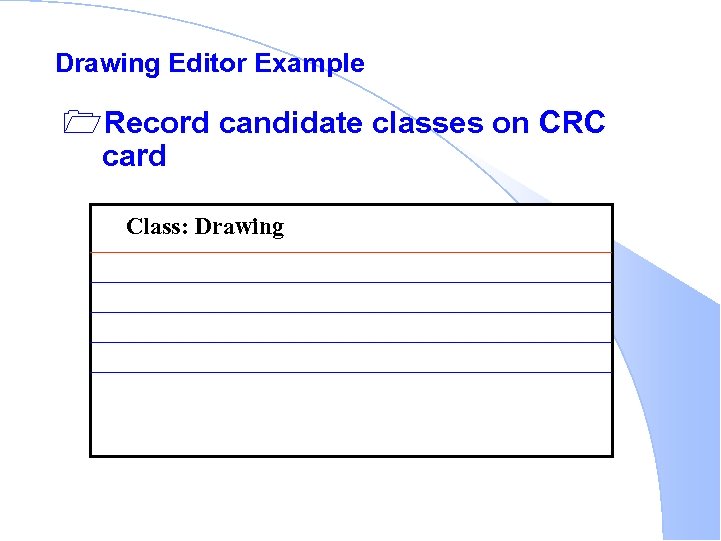 Drawing Editor Example 1 Record candidate classes on CRC card Class: Drawing 