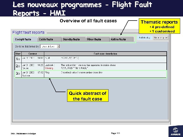 Les nouveaux programmes - Flight Fault Reports - HMI Overview of all fault cases