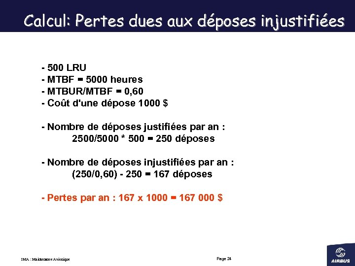 Calcul: Pertes dues aux déposes injustifiées - 500 LRU - MTBF = 5000 heures