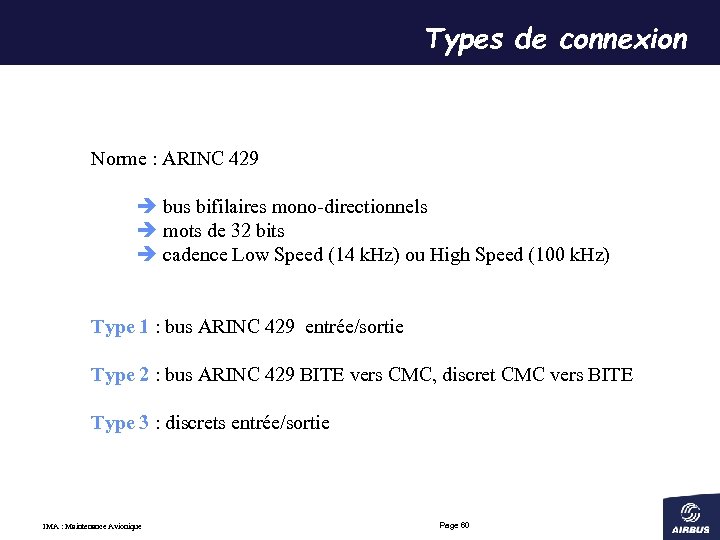 Types de connexion Norme : ARINC 429 è bus bifilaires mono-directionnels è mots de
