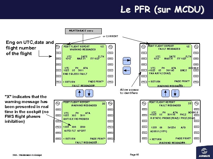 Le PFR (sur MCDU) MAINTENANCE menu or CURRENT Eng on UTC, date and flight