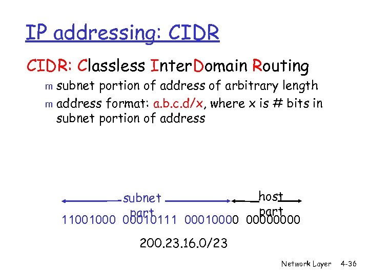 IP addressing: CIDR: Classless Inter. Domain Routing subnet portion of address of arbitrary length