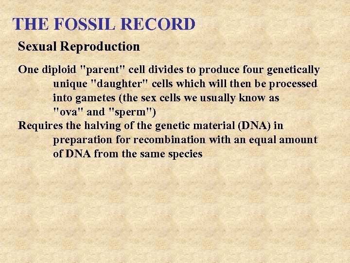 THE FOSSIL RECORD Sexual Reproduction One diploid 