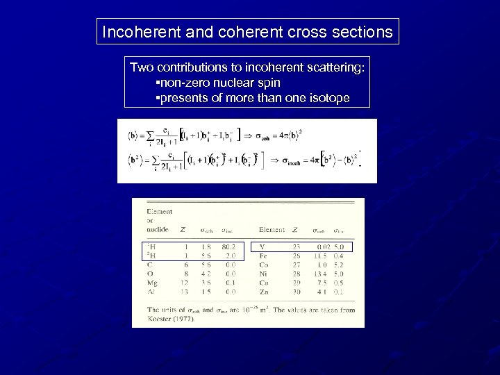 Incoherent and coherent cross sections Two contributions to incoherent scattering: §non-zero nuclear spin §presents