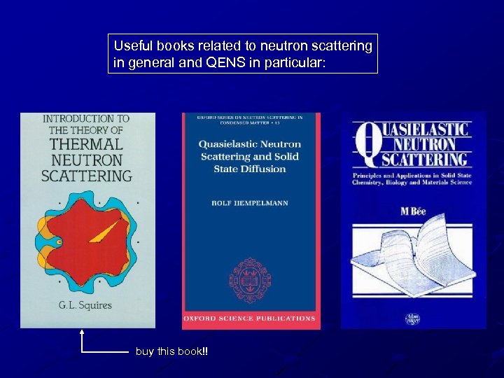 Useful books related to neutron scattering in general and QENS in particular: buy this