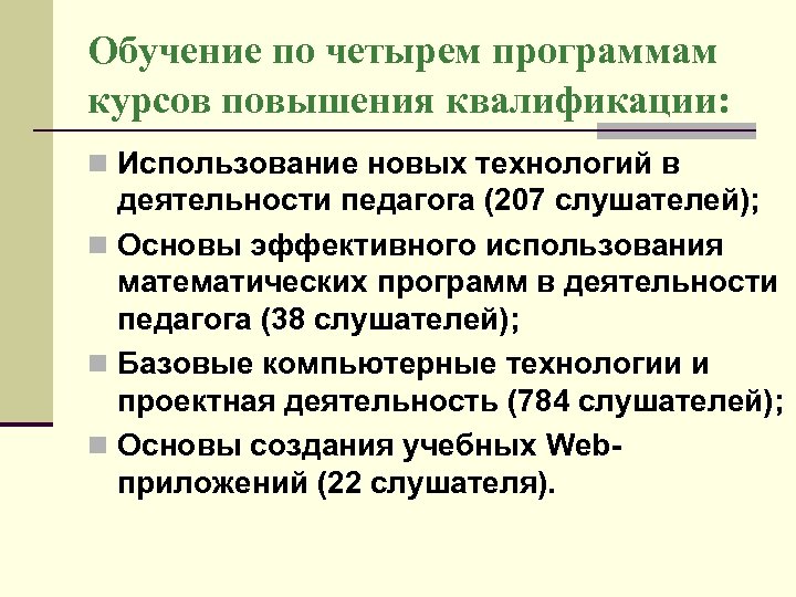 Обучение по четырем программам курсов повышения квалификации: n Использование новых технологий в деятельности педагога