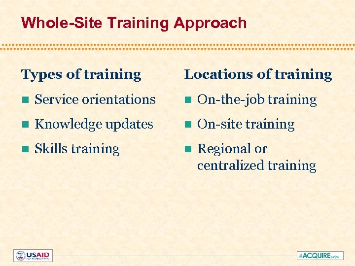 Whole-Site Training Approach Types of training Locations of training n Service orientations n On-the-job