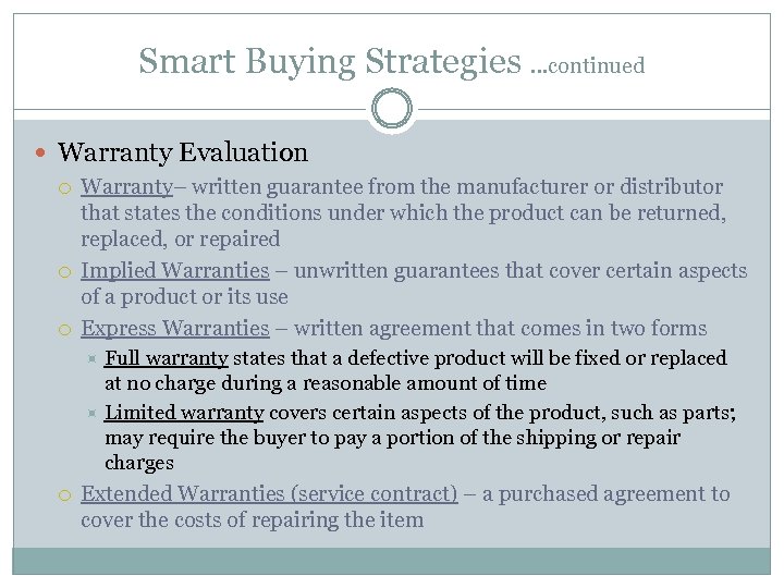 Smart Buying Strategies …continued Warranty Evaluation Warranty– written guarantee from the manufacturer or distributor