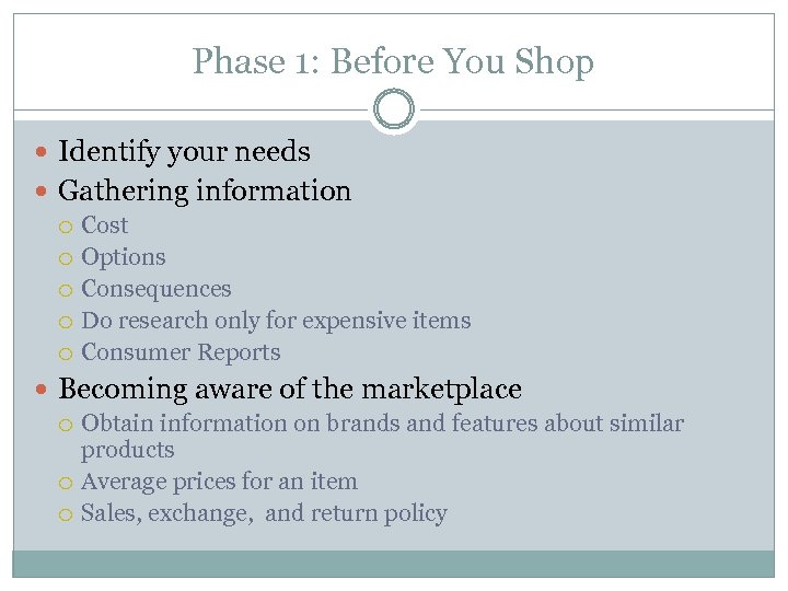 Phase 1: Before You Shop Identify your needs Gathering information Cost Options Consequences Do