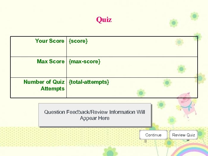 Quiz Your Score {score} Max Score {max-score} Number of Quiz {total-attempts} Attempts Question Feedback/Review
