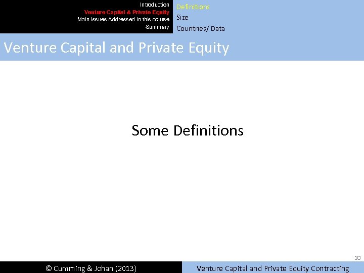 Introduction Venture Capital & Private Equity Main Issues Addressed in this course Summary Definitions