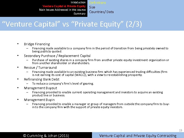 Introduction Venture Capital & Private Equity Main Issues Addressed in this course Summary Definitions