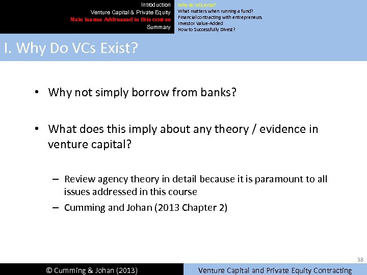 Introduction Venture Capital & Private Equity Main Issues Addressed in this course Summary Why