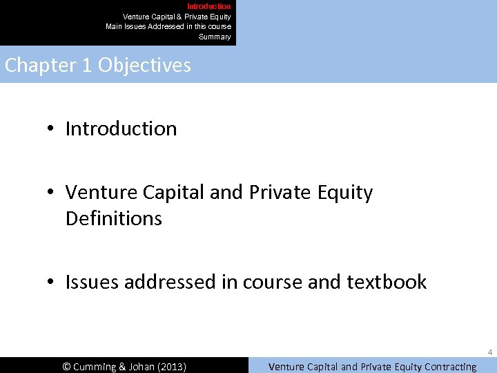 Introduction Venture Capital & Private Equity Main Issues Addressed in this course Summary Chapter