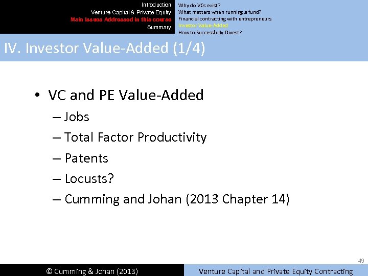 Introduction Venture Capital & Private Equity Main Issues Addressed in this course Summary Why