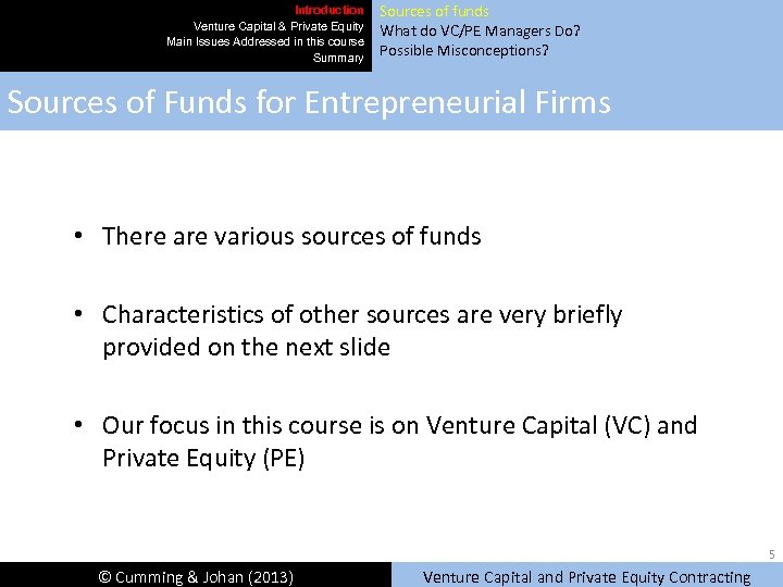 Introduction Venture Capital & Private Equity Main Issues Addressed in this course Summary Sources