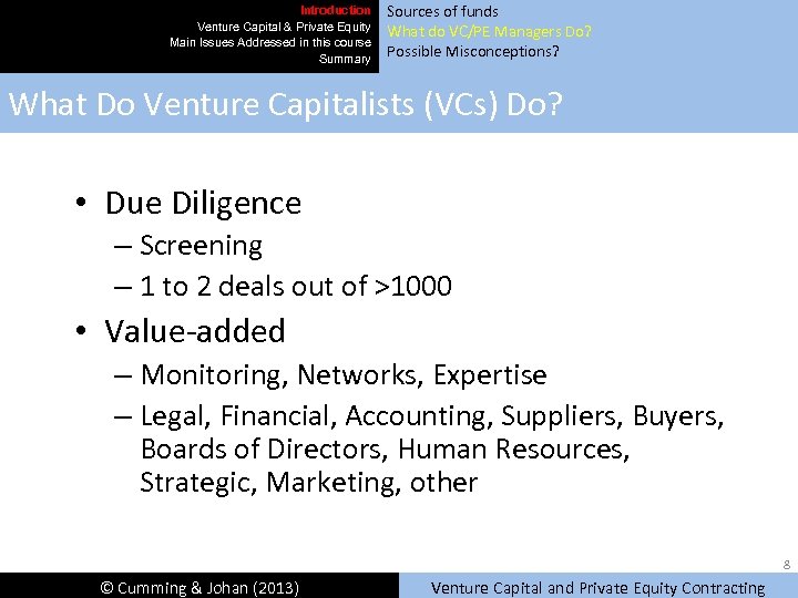 Introduction Venture Capital & Private Equity Main Issues Addressed in this course Summary Sources