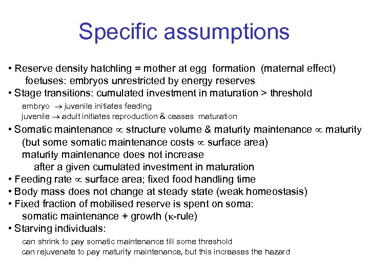 Specific assumptions • Reserve density hatchling = mother at egg formation (maternal effect) foetuses: