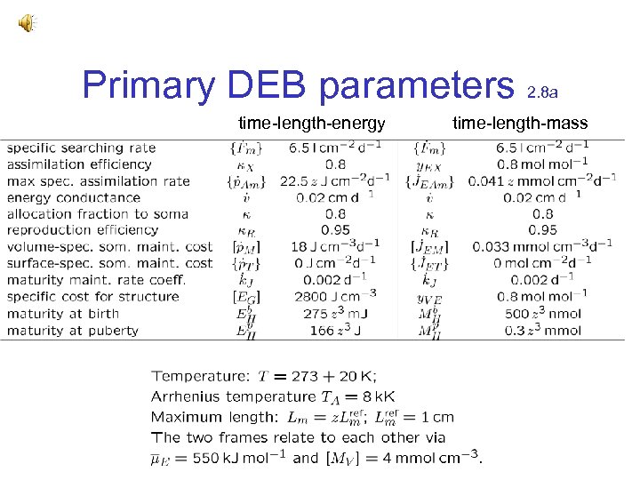 Primary DEB parameters 2. 8 a time-length-energy time-length-mass 