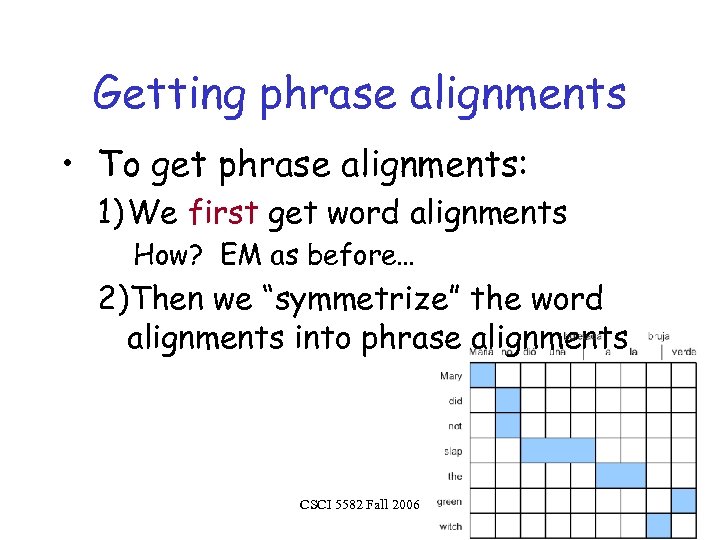 Getting phrase alignments • To get phrase alignments: 1) We first get word alignments