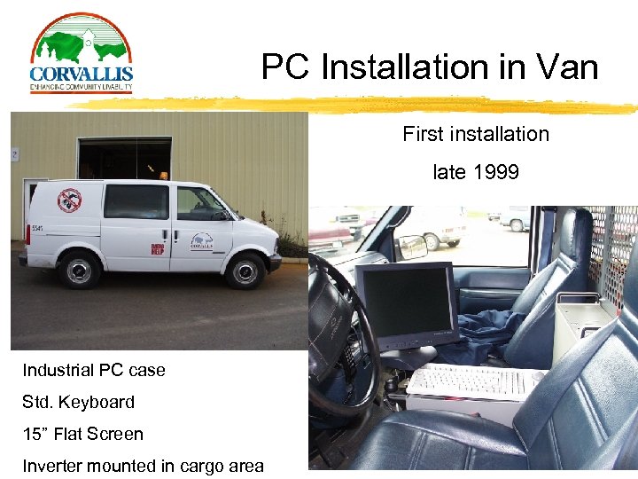 PC Installation in Van First installation late 1999 Industrial PC case Std. Keyboard 15”