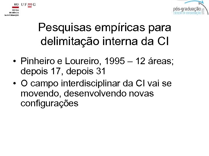 Pesquisas empíricas para delimitação interna da CI • Pinheiro e Loureiro, 1995 – 12