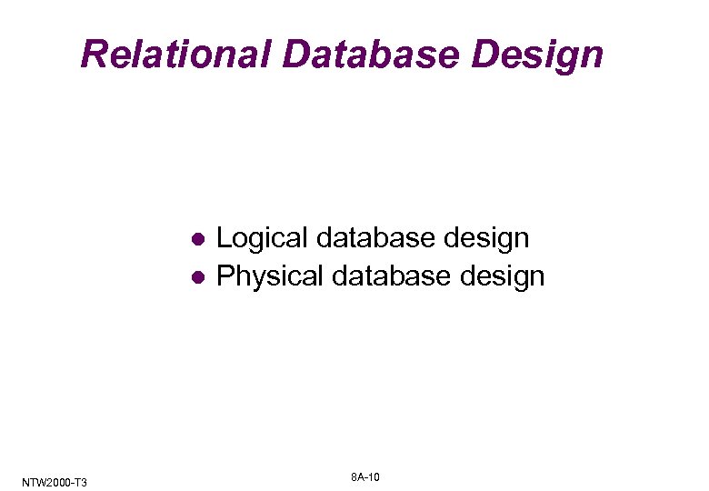 Relational Database Design l l NTW 2000 -T 3 Logical database design Physical database