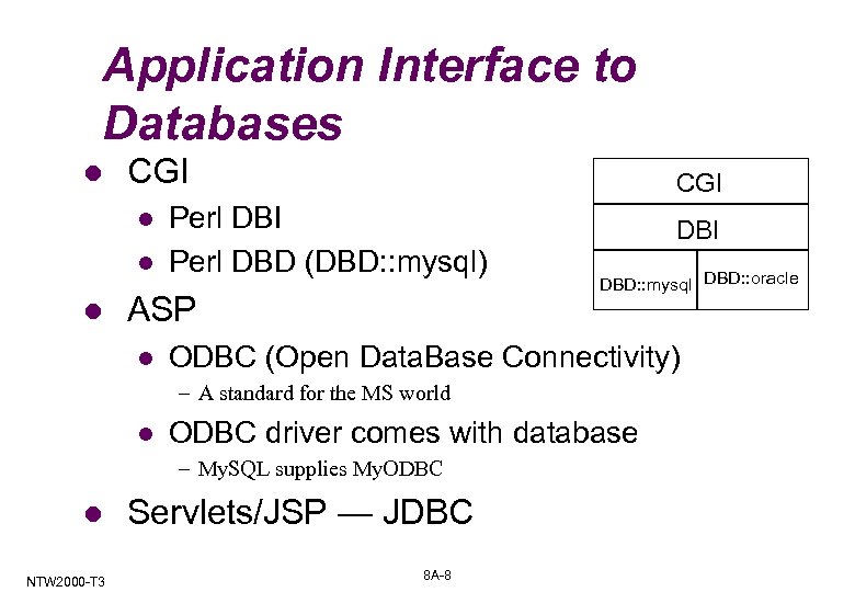 Application Interface to Databases l CGI l l l CGI Perl DBD (DBD: :