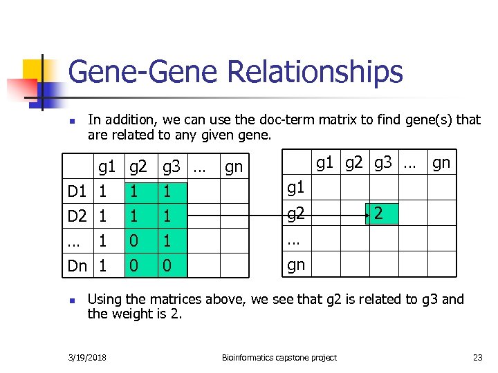 Gene-Gene Relationships n In addition, we can use the doc-term matrix to find gene(s)