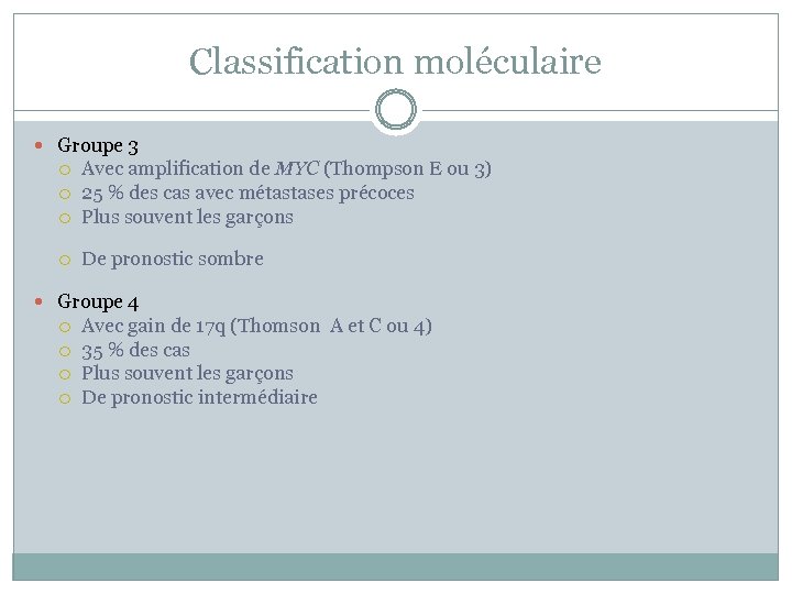 Classification moléculaire Groupe 3 Avec amplification de MYC (Thompson E ou 3) 25 %