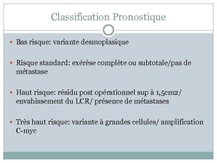 Classification Pronostique Bas risque: variante desmoplasique Risque standard: exérèse complète ou subtotale/pas de métastase