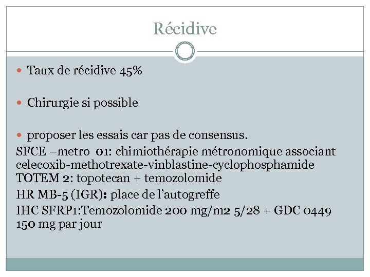 Récidive Taux de récidive 45% Chirurgie si possible proposer les essais car pas de