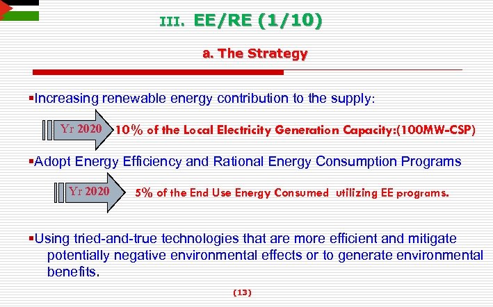 III. EE/RE (1/10) a. The Strategy §Increasing renewable energy contribution to the supply: Yr