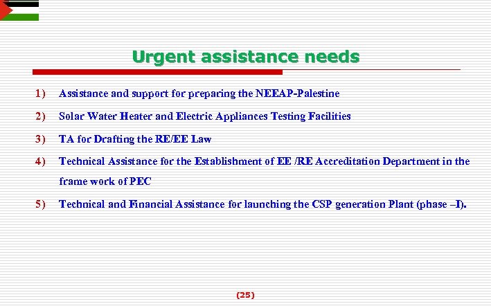 Urgent assistance needs 1) Assistance and support for preparing the NEEAP-Palestine 2) Solar Water